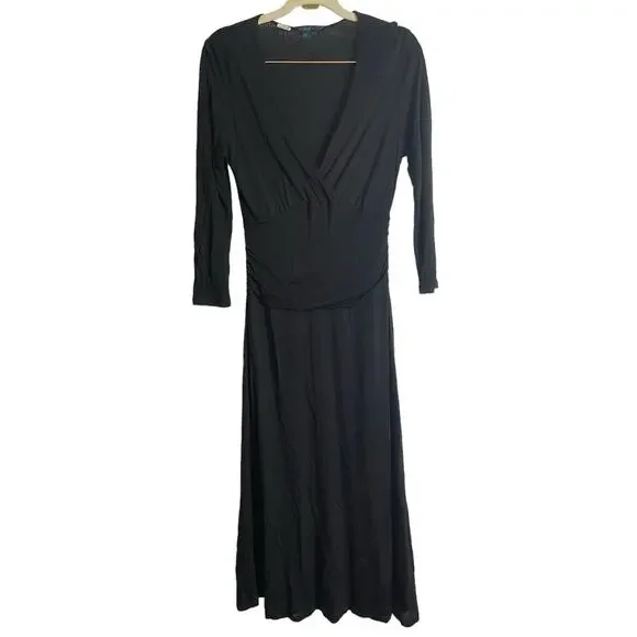 Boden | Dresses | Boden Fit Flare Midi Dress Crossover V Neck 34 Sleeve  Ruched Black Size L | Poshmark